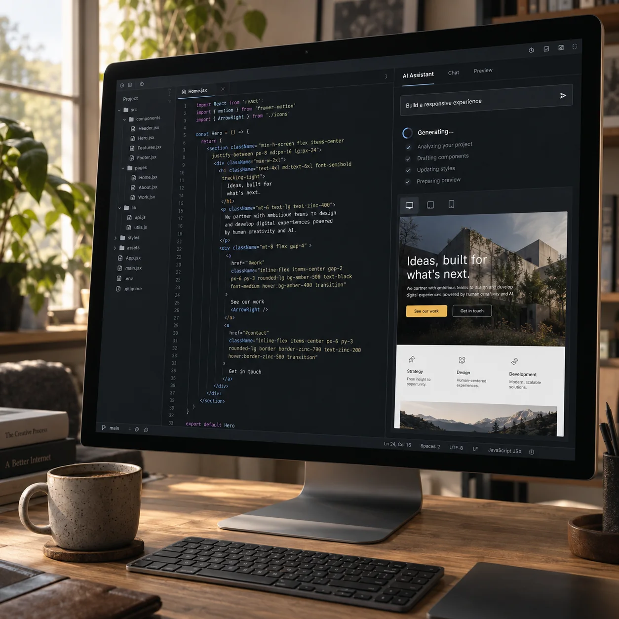 Computer displaying an AI-assisted coding workspace in a sunlit studio