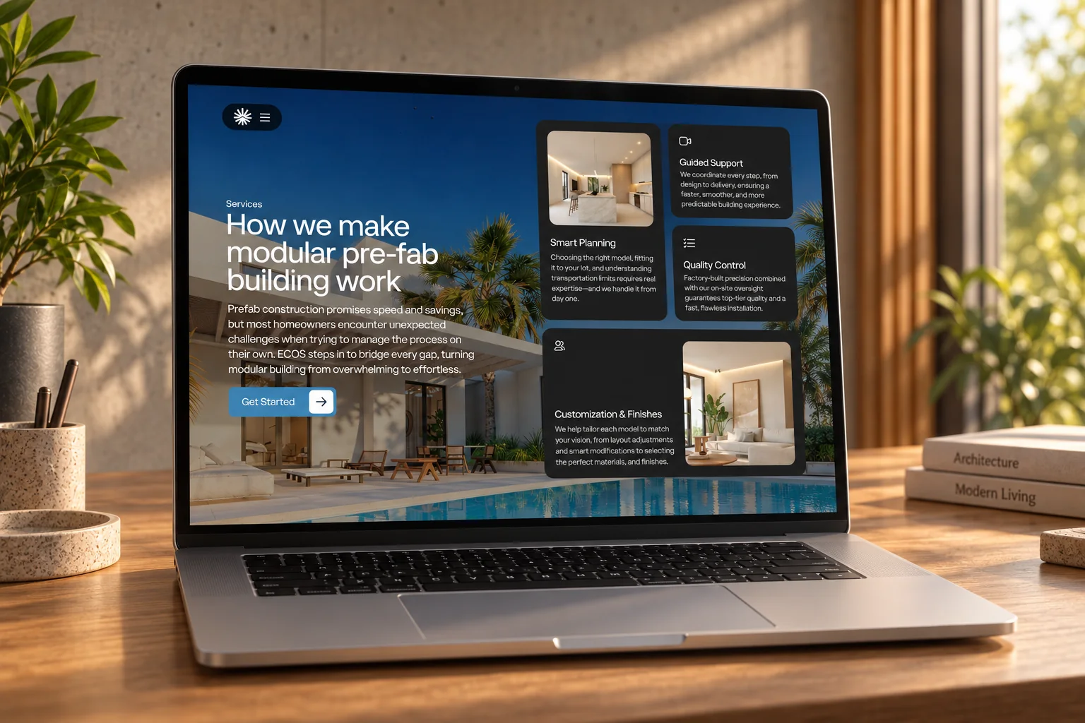 ECOS services displayed on a laptop in a warmly lit architectural office