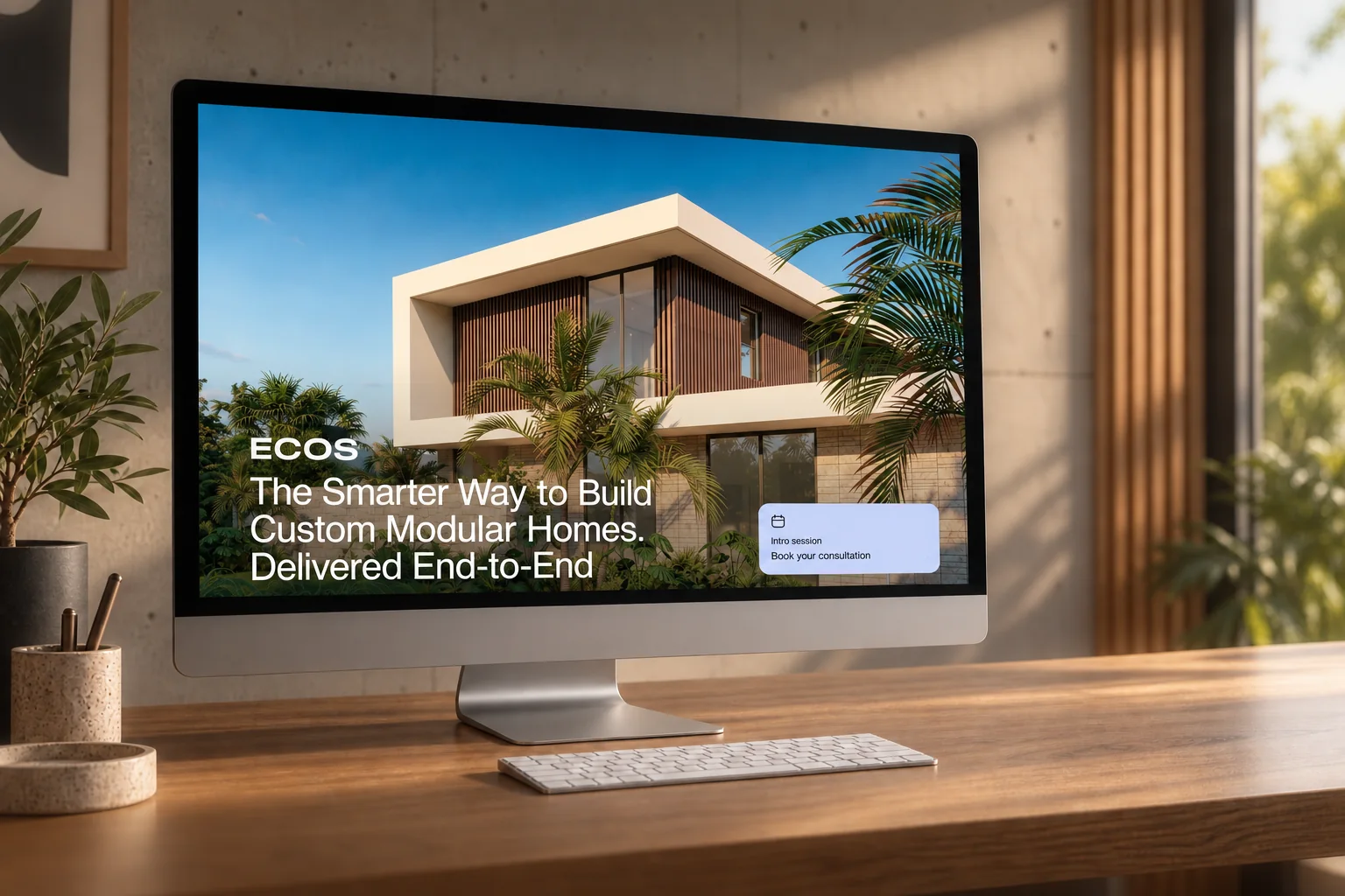 ECOS homepage on a desktop monitor in a warm architectural studio
