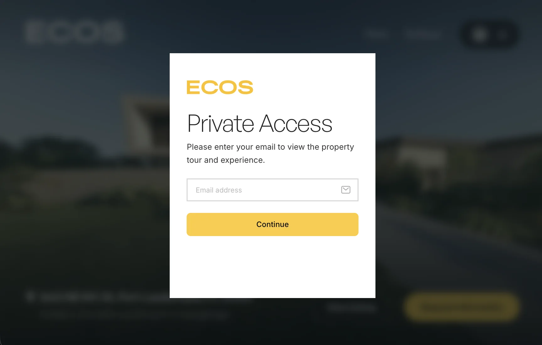 ECOS Private Access form for entering an email to view the property tour