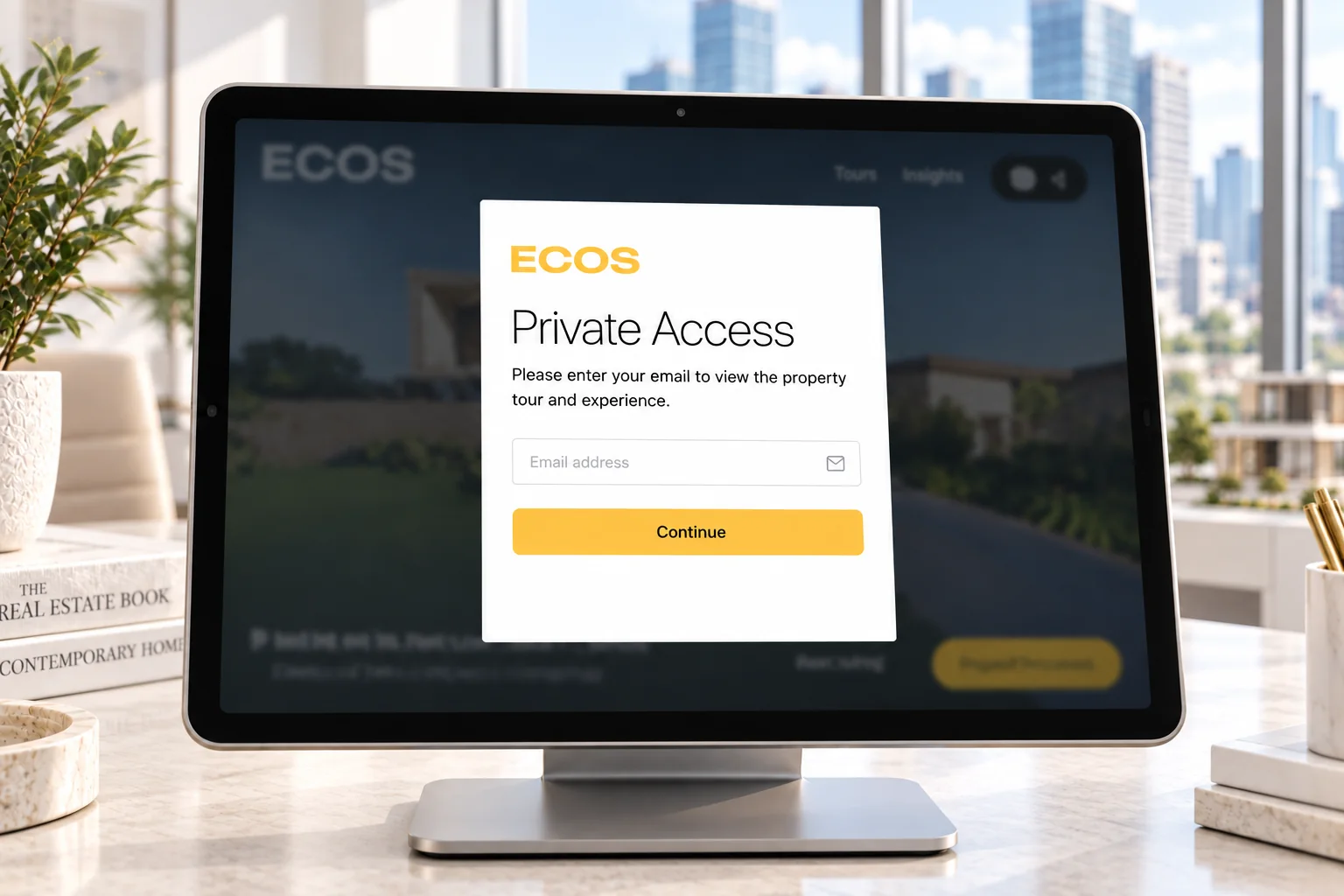 ECOS private property access on a tablet in a bright white real estate office overlooking city buildings
