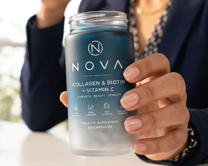 NOVA bottle showing its blue gradient label and white brand identity