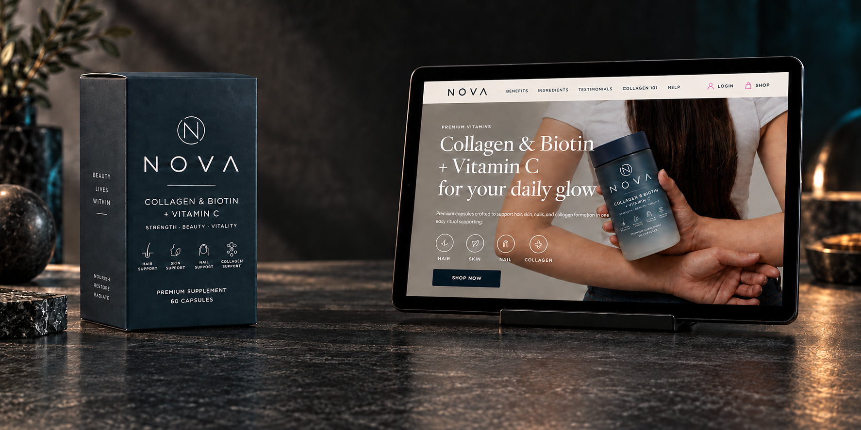 NOVA navy packaging beside a tablet displaying the NOVA ecommerce website