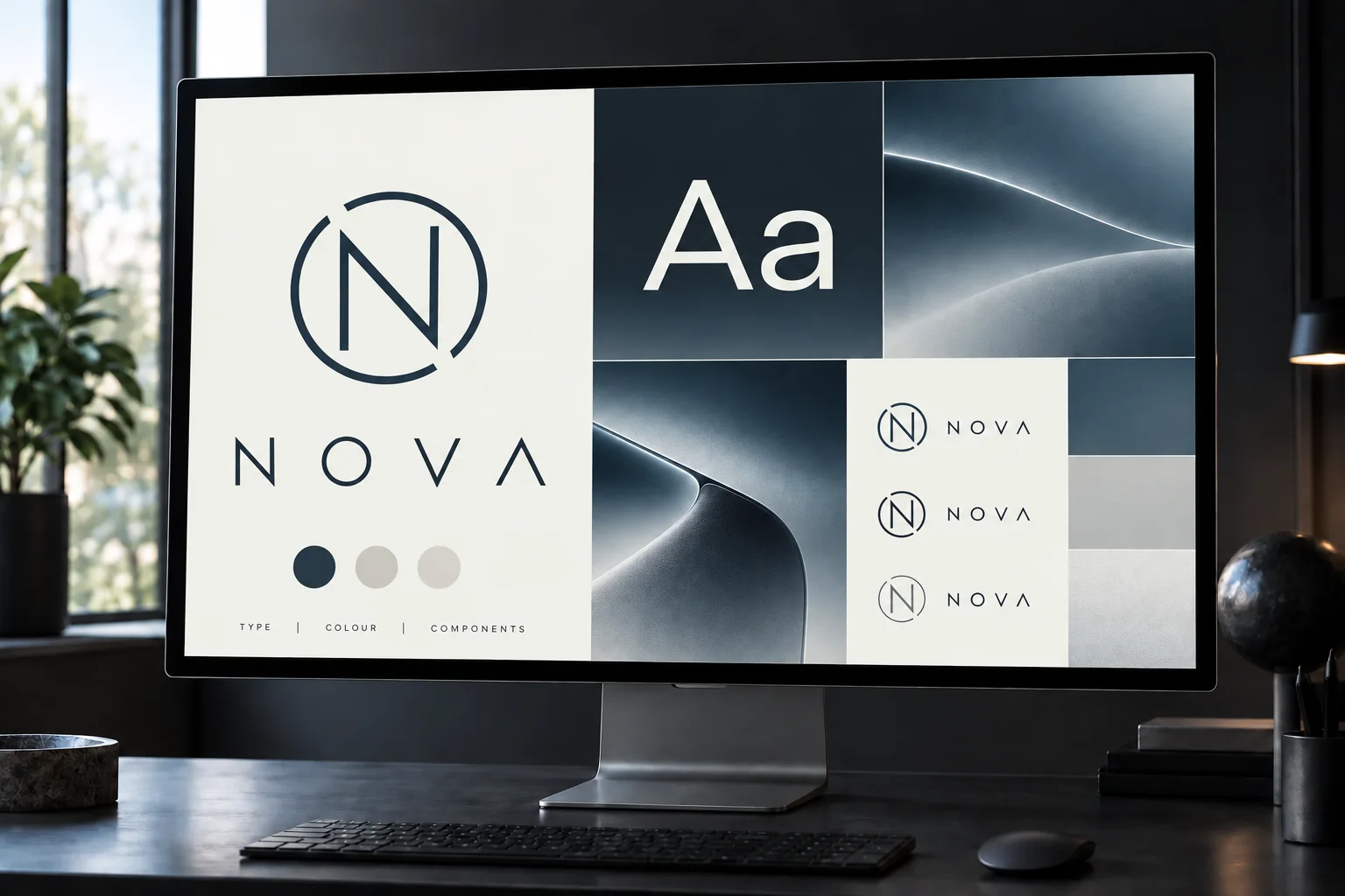 NOVA digital identity displayed on a desktop monitor in slate blue and frosted silver
