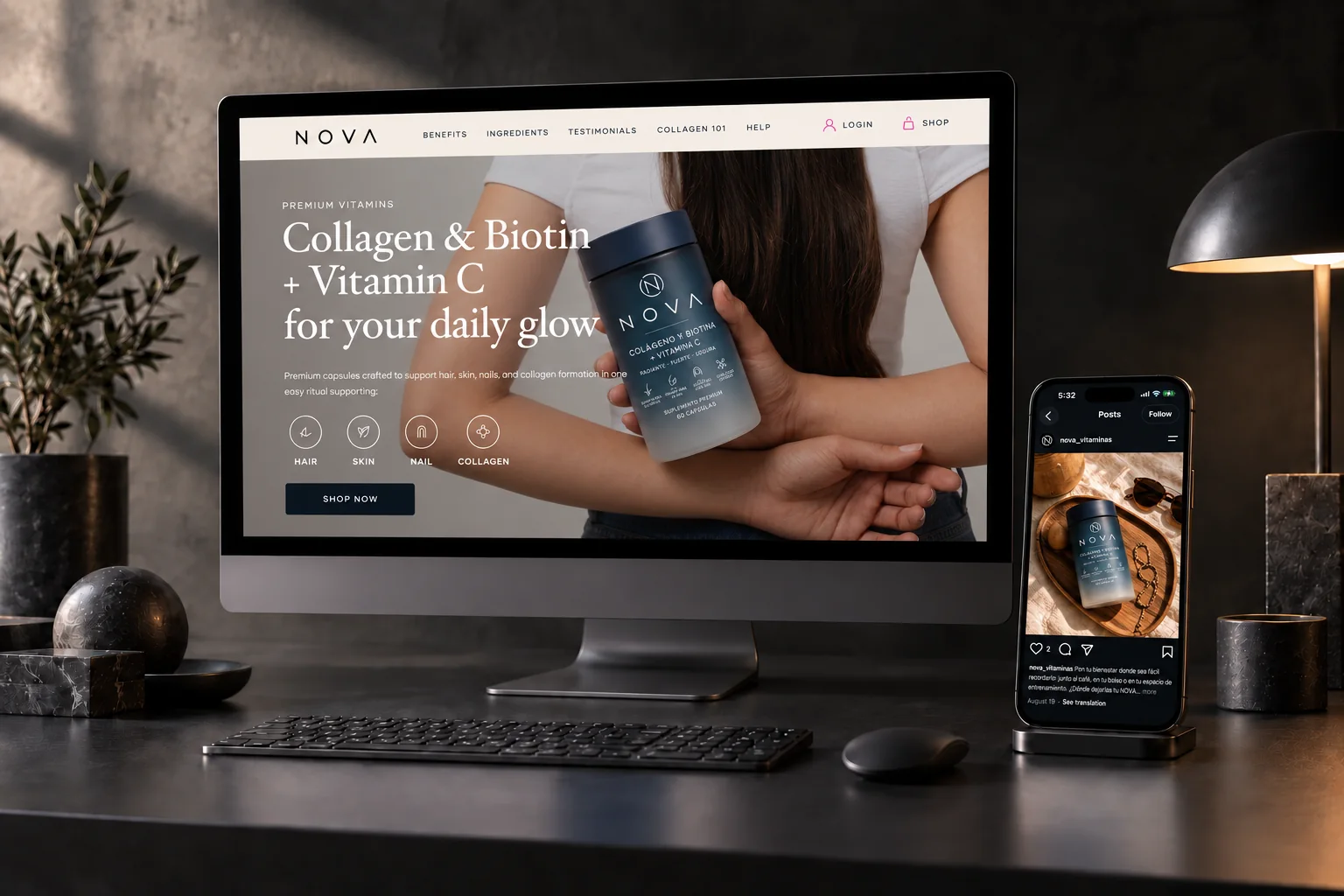 NOVA homepage on an iMac alongside the NOVA Instagram post on a phone