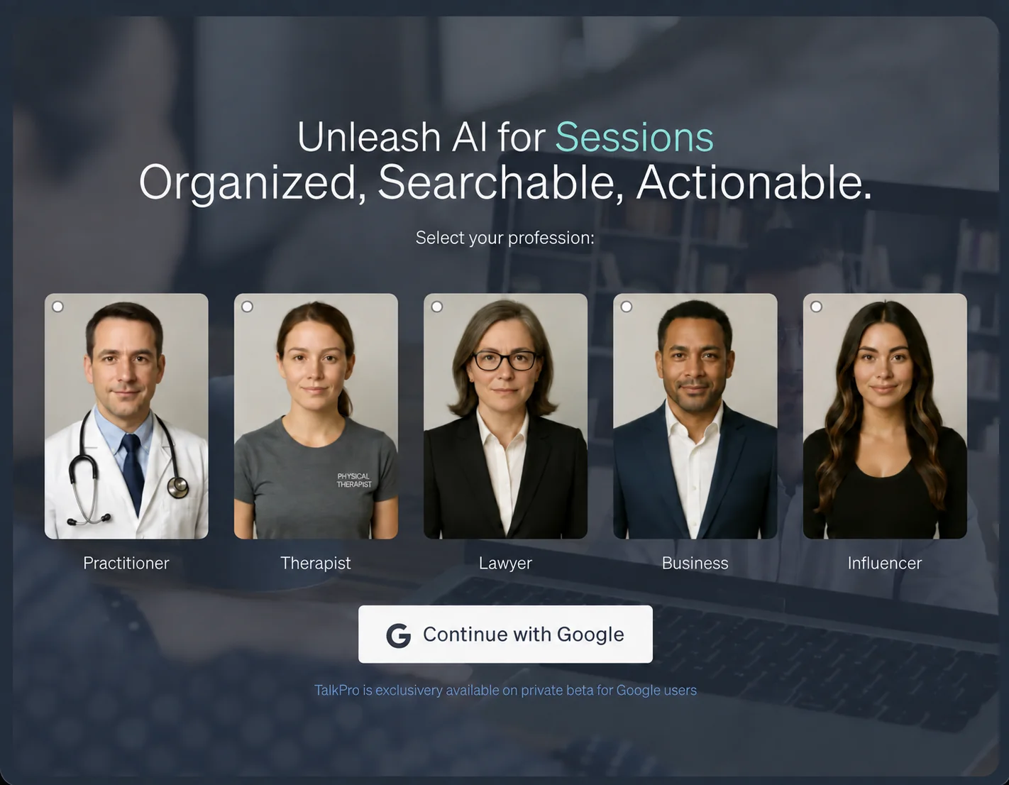 TalkPro platform with profession selection and Google sign-in