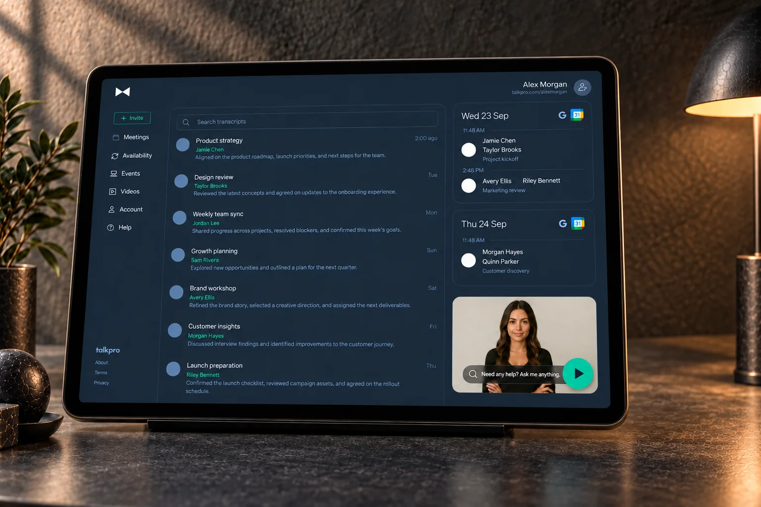 Talk Pro dashboard on a landscape tablet in a dark studio