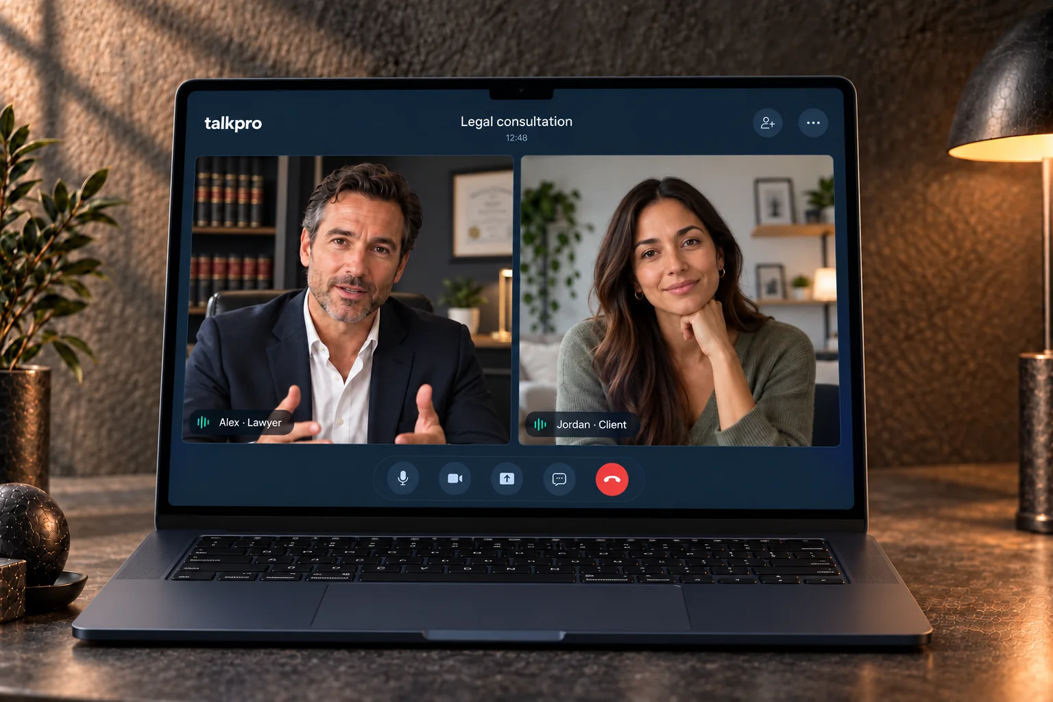 TalkPro video consultation between a lawyer and client on a MacBook