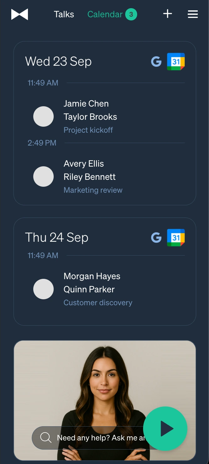 Talk Pro mobile calendar dashboard