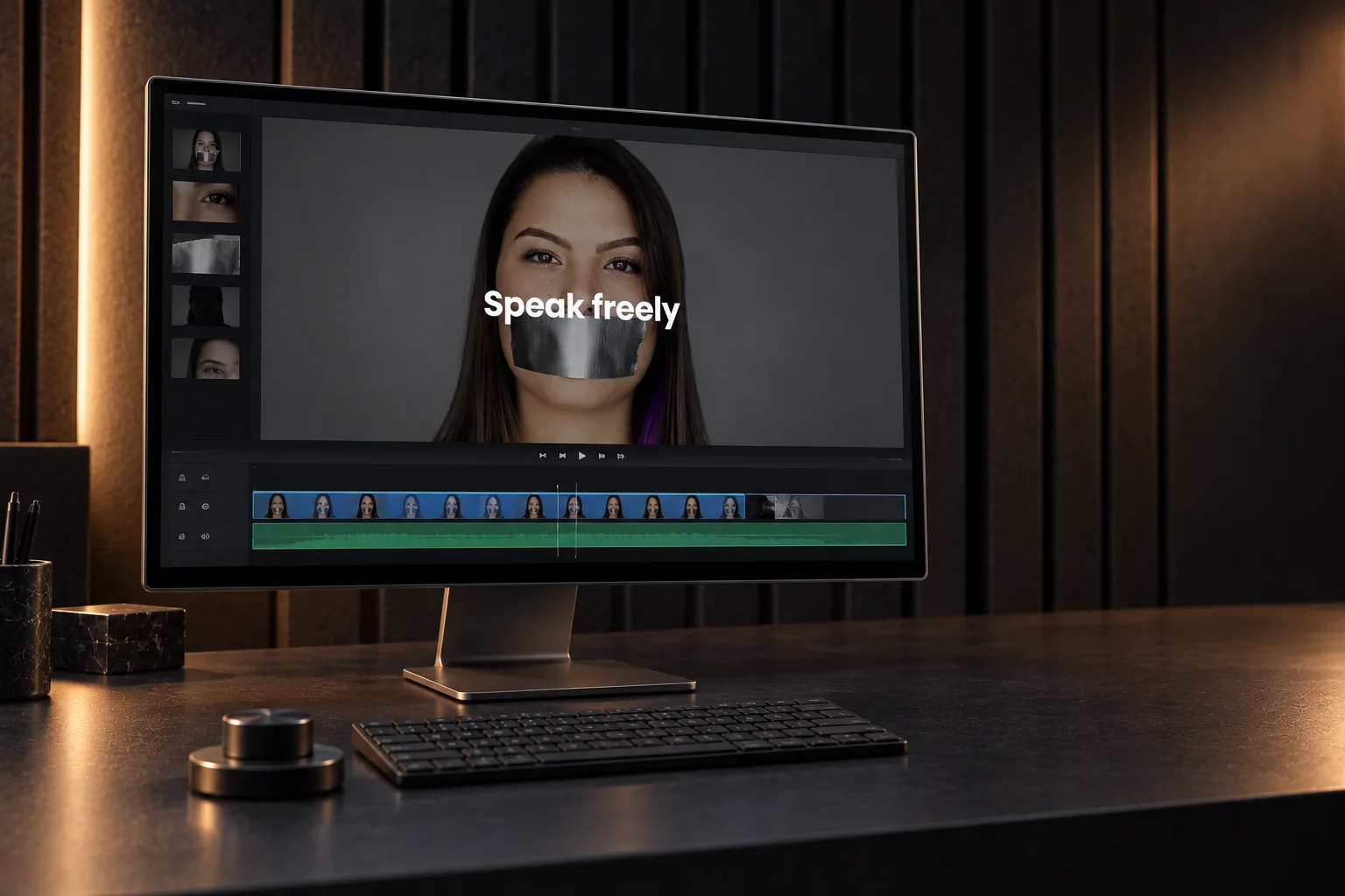 Widescreen monitor showing the Speak freely campaign and editing timeline in a warmly lit editing suite