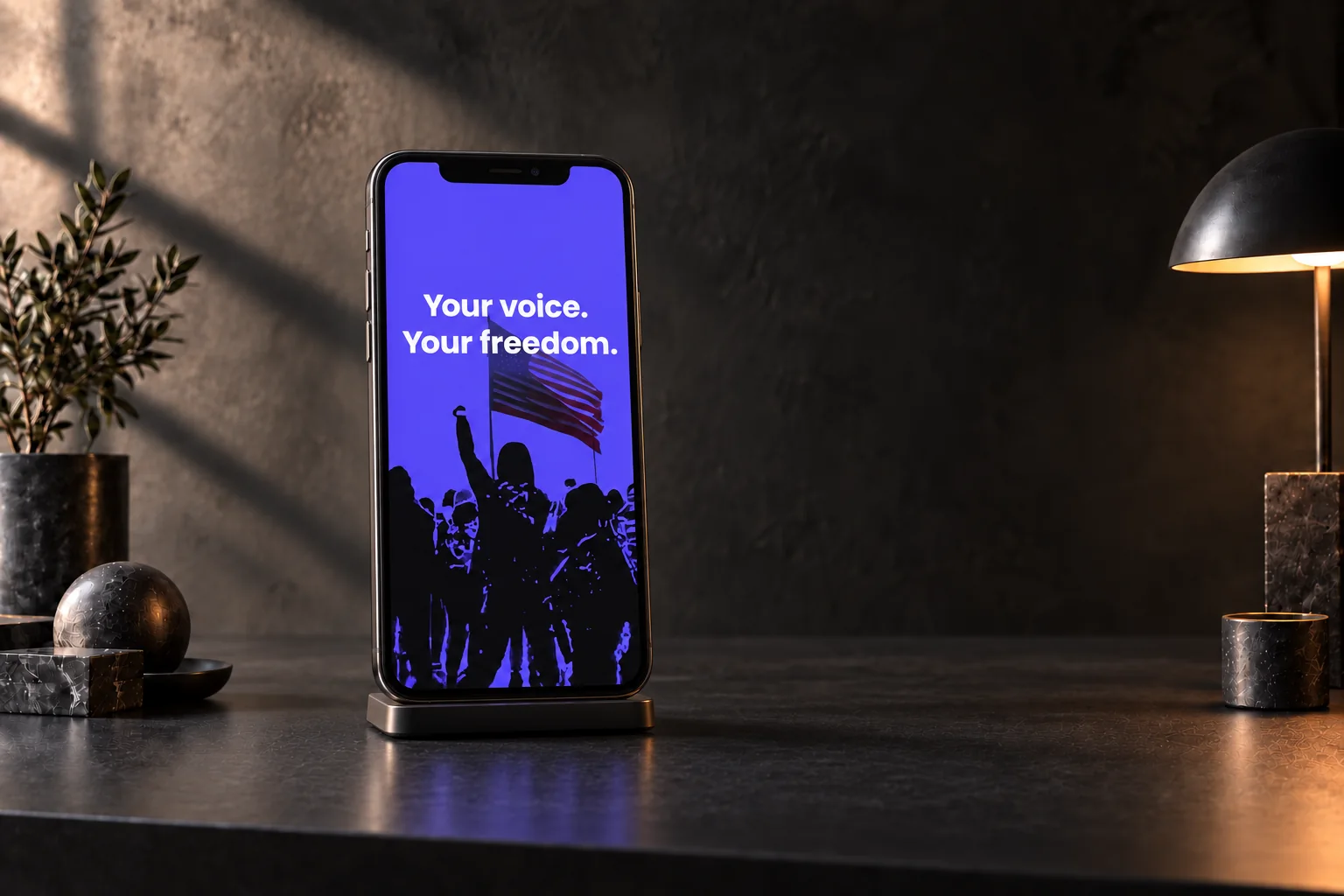 Smartphone showing the Truth Social Your voice. Your freedom. campaign in a warmly lit dark studio