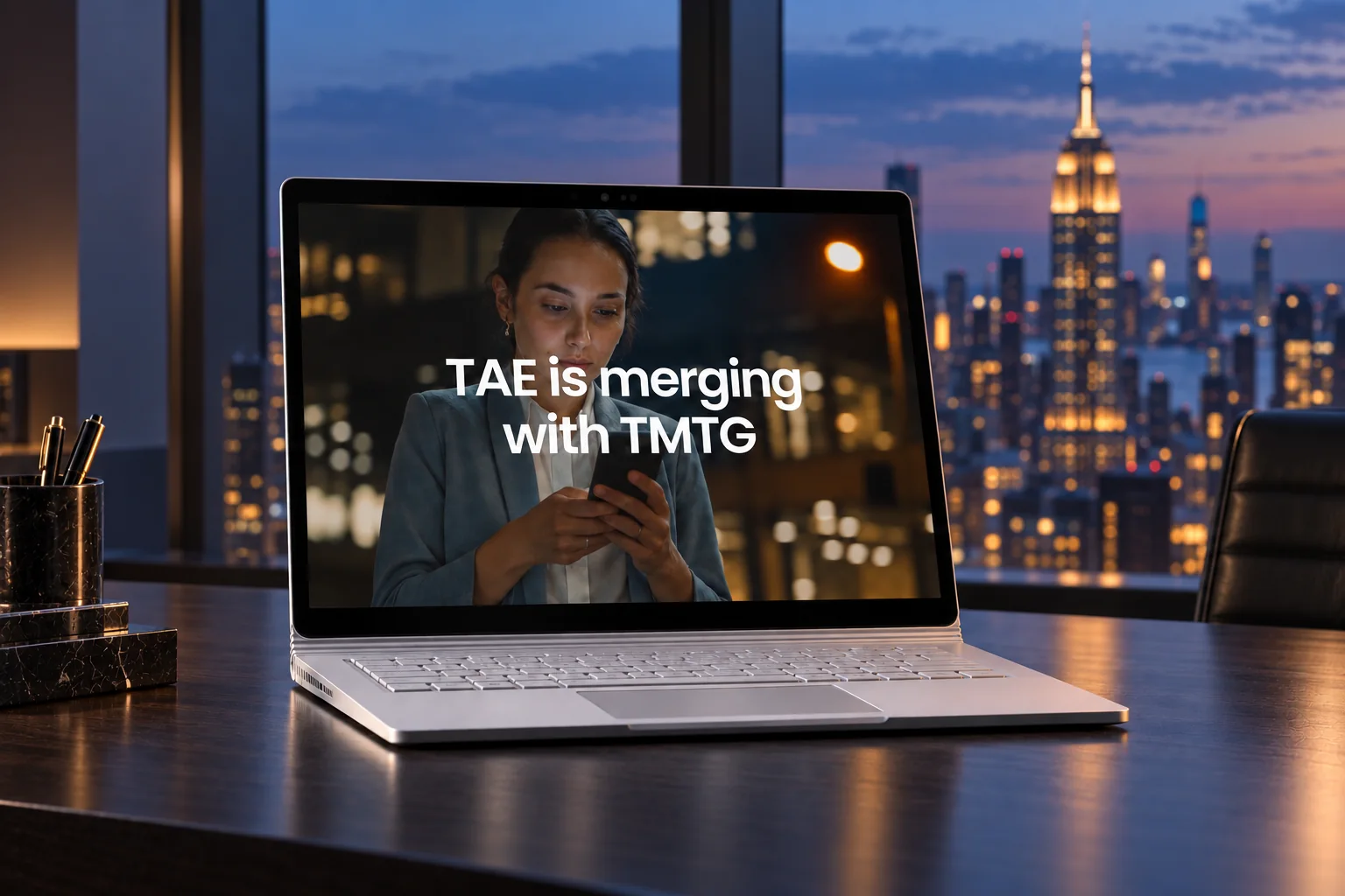 Silver Surface Book displaying the TAE and TMTG campaign beside a window overlooking New York at dusk